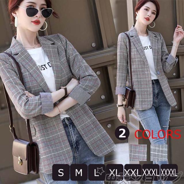 テーラードジャケット レディース スーツジャケット 長袖 チェック柄 カジュアル オフィス リクルート 着痩せ ゆったり 大きいサイズ フォーマル アウター 夏秋の通販は 7,520円