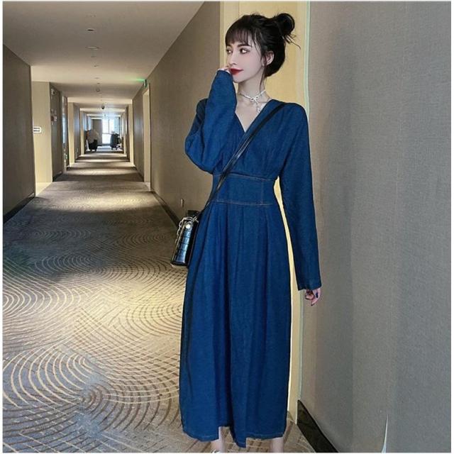 Vネック 無地 デニムワンピース 長袖 チュニック オシャレ 大きい