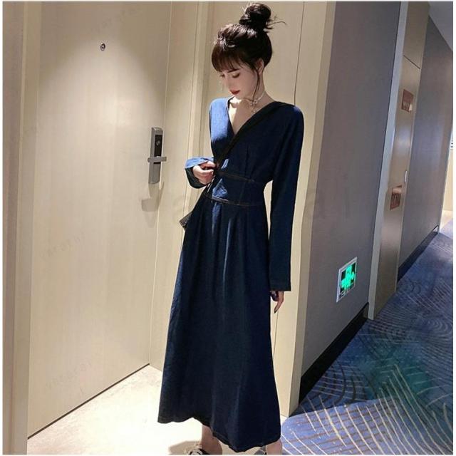 Vネック 無地 デニムワンピース 長袖 チュニック オシャレ 大きい