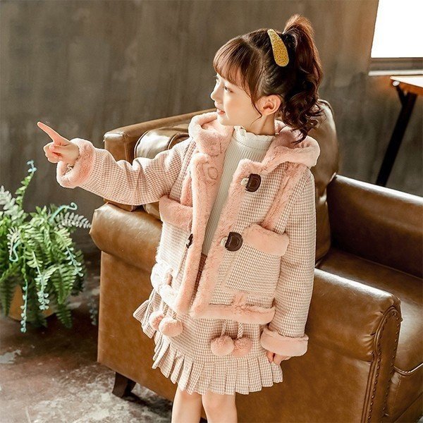 韓国子供服 セットアップ 女の子 冬服 長袖 コート+スカート 厚くする ラシャ 2点セット キッズ ファッション 防寒 ホルム貂毛セット 通学着 通園着 110-160cmの通販は
