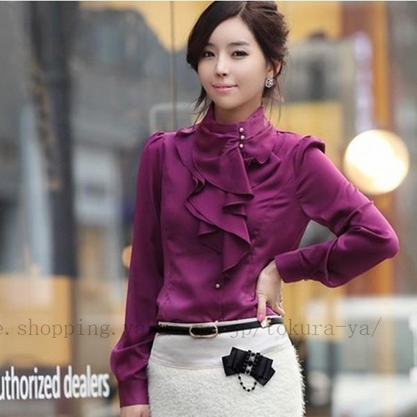 シフォン 長袖 フリルブラウス 胸元フリル トップス フリルシャツ