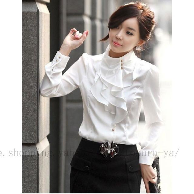 シフォン 長袖 フリルブラウス 胸元フリル トップス フリルシャツ レディース タイト ハイネック シフォン 長袖 フリルブラウス 胸元フリル トップス フリルシャツ