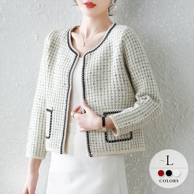 カーディガン トップス レディース 長袖 ノーカラー 羽織り物 ツイード柄 大人スタイル レッド ブラック ホワイト リラックス お出かけファッション/