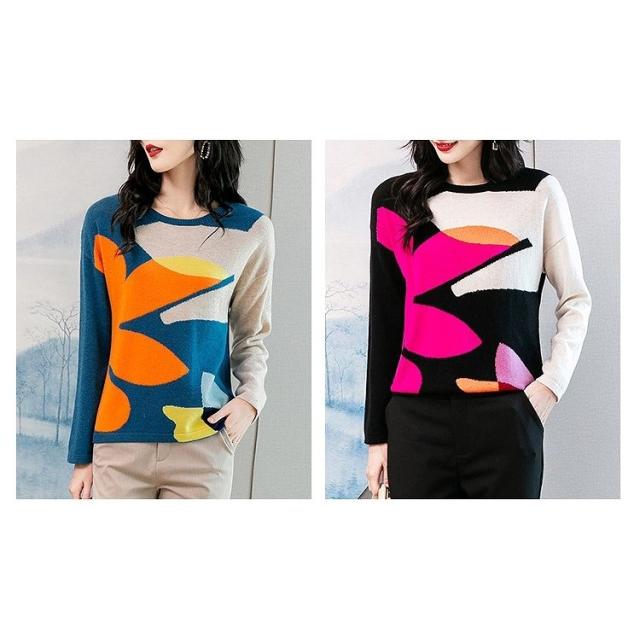 セーター トップス レディース 長袖 プリント柄 ラウンドネック 丸首