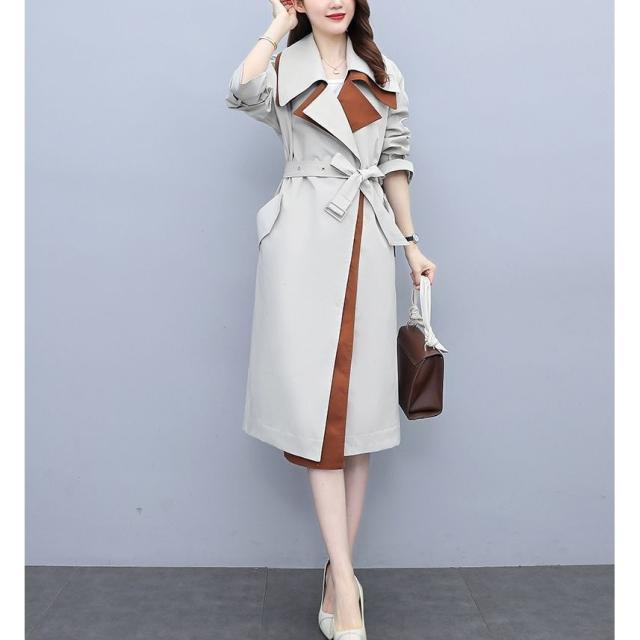 コート 襟付き 重ね着デザイン ロング丈 ツートン ベルト ポケット