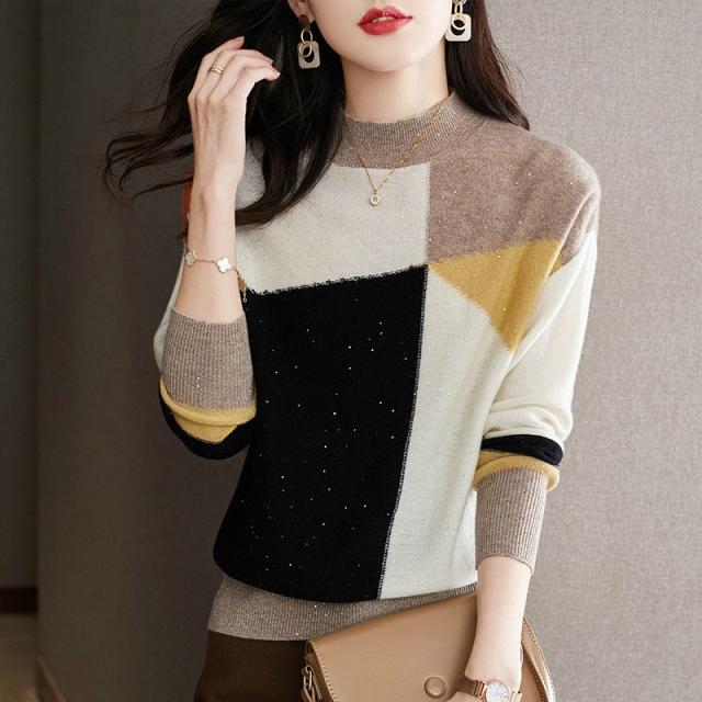 セーター レディース トップス 長袖 ニット モヘアネック バイカラー ブロック柄 大人スタイル ホワイト ベージュ ブルー オレンジ ブラック お出かけ/ セーター レディース トップス 長袖 ニット モヘアネック バイカラー