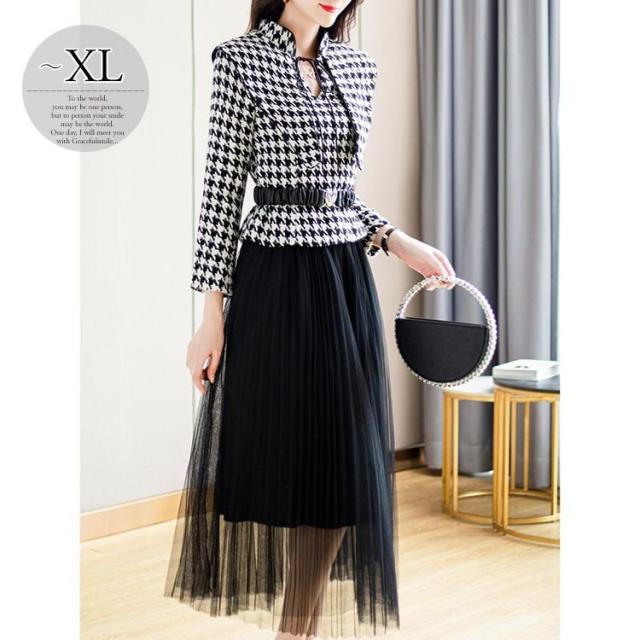 セットアップ ジャケット スカート 千鳥格子 アコーディオンプリーツ ウエストマーク ヨーロピアン 披露宴 お出かけファッション 清楚 の通販は