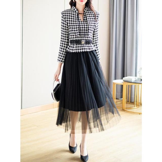 セットアップ ジャケット スカート 千鳥格子 アコーディオンプリーツ ウエストマーク ヨーロピアン 披露宴 お出かけファッション 清楚 セットアップ ジャケット スカート 千鳥格子 アコーディオンプリーツ