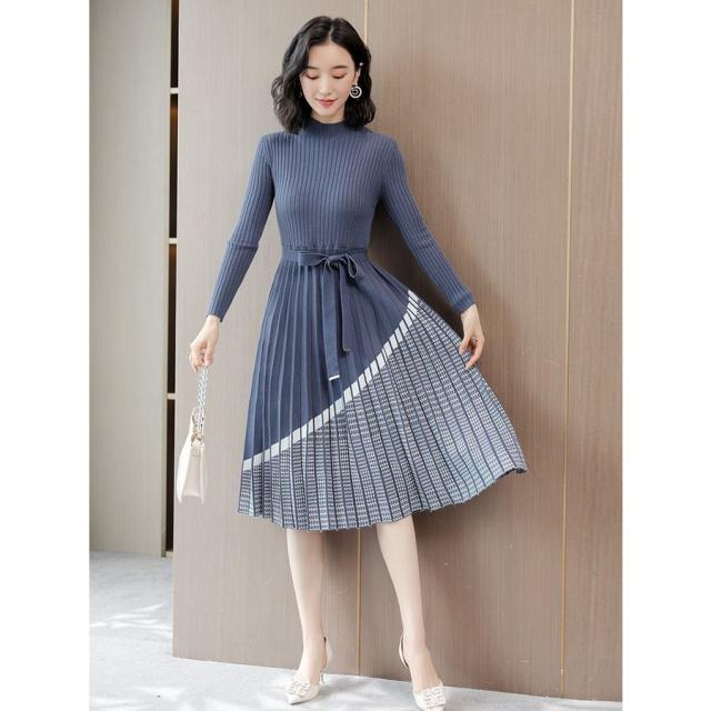 ニットワンピース 格子柄 アコーディオンプリーツ ウエストリボン 膝下