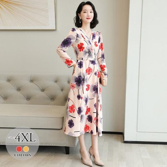 ワンピース フレアワンピ 花柄 長袖 ウエストリボン カシュクール ロングワンピ SNS映え かわいい 華やか 母親 ママスタイル ラグジュアリー