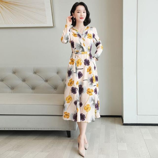 ワンピース フレアワンピ 花柄 長袖 ウエストリボン カシュクール ロングワンピ SNS映え かわいい 華やか 母親 ママスタイル ラグジュアリー ワンピース フレアワンピ 花柄 長袖 ウエストリボン カシュクール