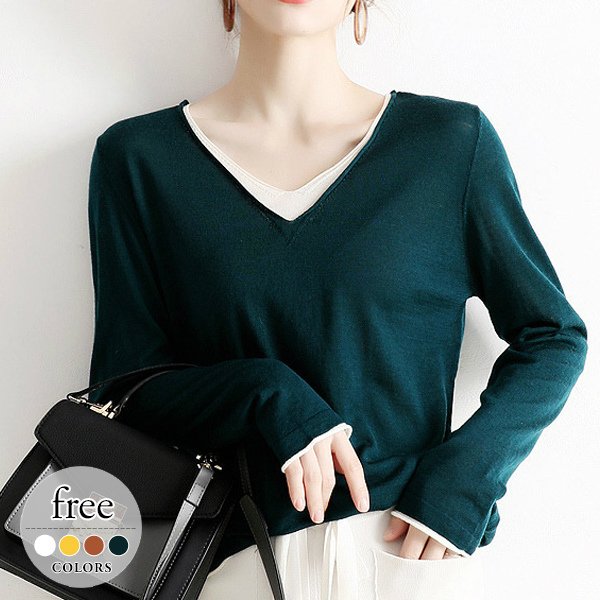 セーター トップス レディース ニット Vネック 長袖 レイヤード 重ね着風 ハイゲージ デイリー カジュアル 着回し グリーン イエロー イベント
