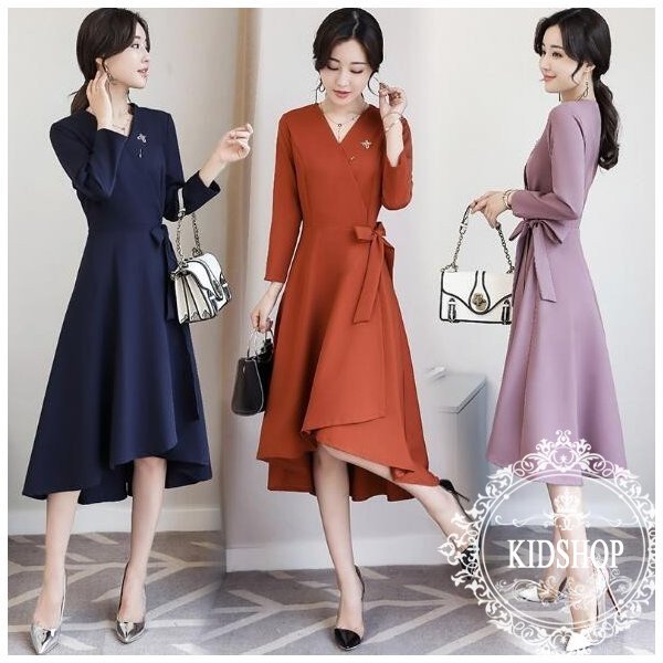 ワンピース 膝丈 レディース 長袖 Vネック 着痩せ Aライン 不規則 ミモレ丈 30代40代 大きいサイズ 上品 おしゃれ 通勤 結婚式 二次会 春