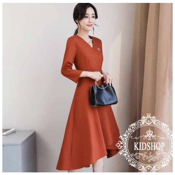 ワンピース 膝丈 レディース 長袖 Vネック 着痩せ Aライン 不規則