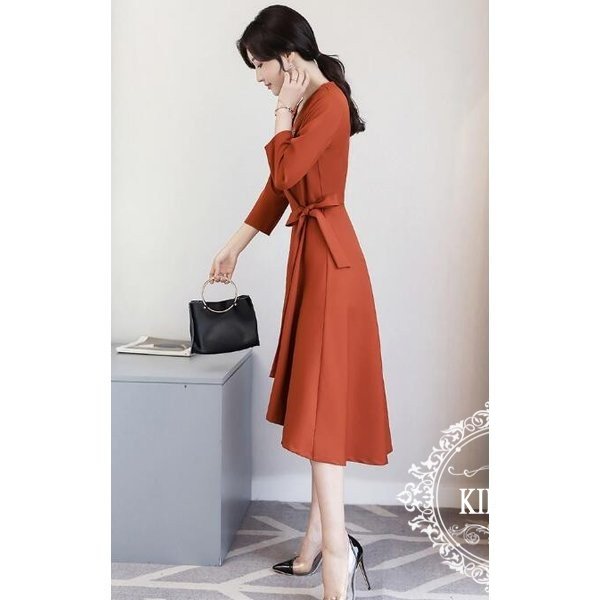ワンピース 膝丈 レディース 長袖 Vネック 着痩せ Aライン 不規則 ミモレ丈 30代40代 大きいサイズ 上品 おしゃれ 通勤 結婚式 二次会 春 ワンピース 膝丈 レディース 長袖 Vネック 着痩せ Aライン 不規則