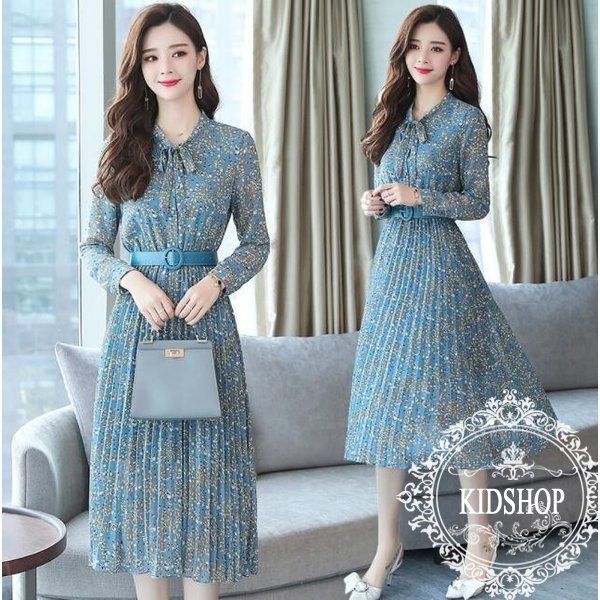 ワンピース レディース ロング丈 長袖 シフォン 花柄 体型カバー ウエストゴム プリーツ 着痩せ オシャレ Aライン 大きいサイズ