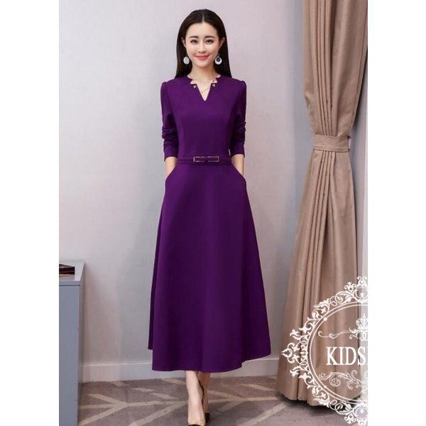 レディース ワンピース ロング丈 長袖 Aライン Vネック 無地 着痩せ