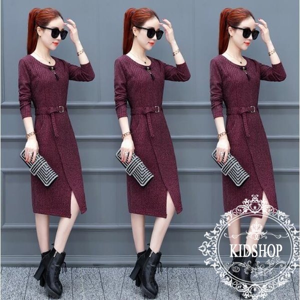 レディース ワンピース ロング丈 無地 長袖 4色 ベルト付き 着痩せ