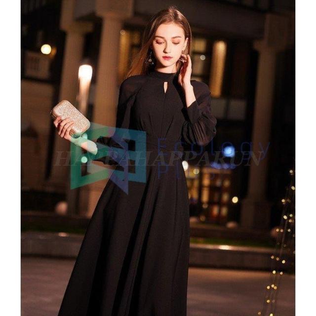 パーティードレス ロングドレス 黒 袖あり 結婚式 お呼ばれ ドレス