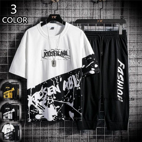 上下セット メンズ ジャージ   半袖Tシャツ+ハーフパンツ 英字柄 配色 スポーツウェア ルームウェア セットアップ  2020 夏服 新作の通販は