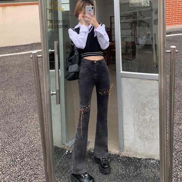 デニム フレアパンツ ブーツカット 美脚効果 シンプル L2758 デニム フレアパンツ ブーツカット 美脚効果 シンプル L2758