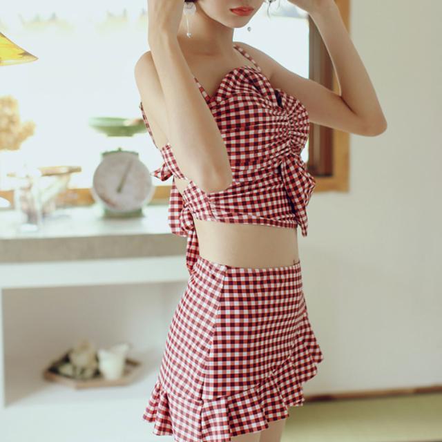 バック二つリボンで姿素敵。チェック柄水着 2点セット フリルスカート 水着 レディース 可愛い ビキニ水着 ビキニ スイムウエア セクシー 体型カバー 2019夏新作 リボン 20代 30代送料無料 バック二つリボンで姿素敵。チェック柄水着 2点セット フリルスカート
