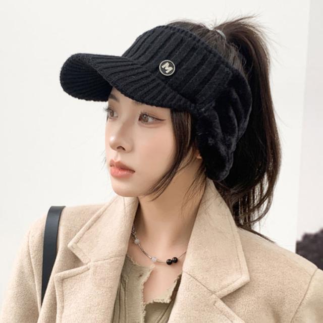 新品 グレー ニット帽 つば付き 黒 耳当て サンバイザー ゴルフ レディース if-gf0269-1.jpg