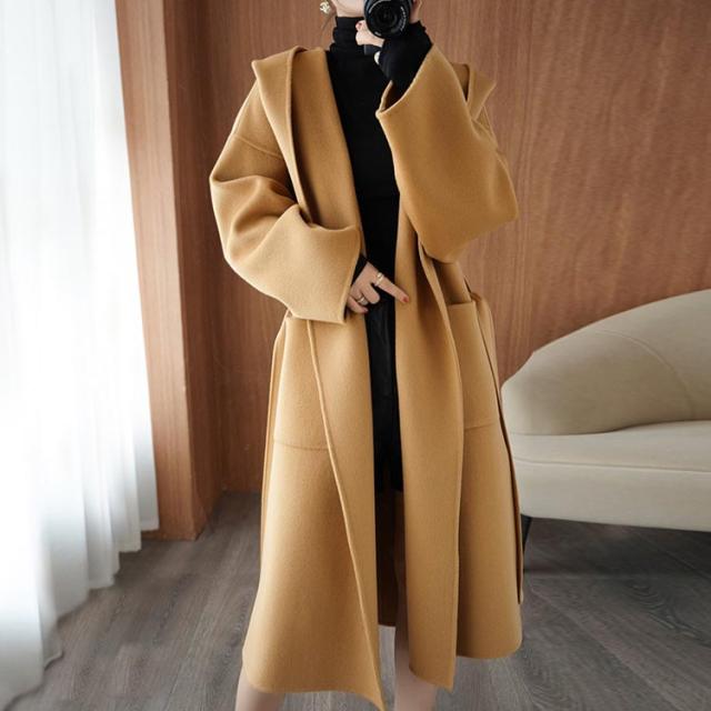 コート ガウンコート レディース ロング丈 チェスターコート 秋冬 ラップコート オーバーサイズ ウール100% ビッグカラー ウエストベルト 膝下丈 ウールコート ポケット 厚手 ロングコート フード付き エレガント きれいめ 大人可愛い おしゃれ コート ガウンコート レディース ロング丈 チェスターコート 秋冬