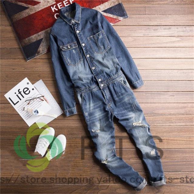 メンズ ツナギ ボトムス つなぎ デニムパンツ オーバーオール ダメージ加工 オーバーオール 秋冬 ペインターパンツ 細身の通販は 8,100円