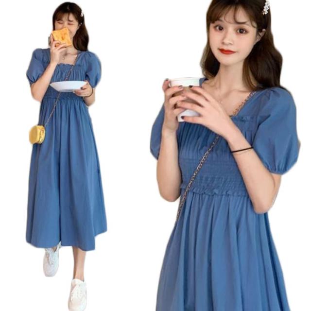 青いプリーツ半袖ひざ丈ワンピース プリーツワンピース ワンピース 半袖 レディース マキシ丈