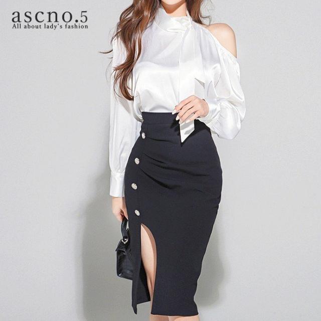 光沢 セットアップ シャツ ツーピース ツーピース ブラウス 長袖 アシンメトリー 肩出し ハイウエスト タイトスカート リボンネックの通販は 4,550円