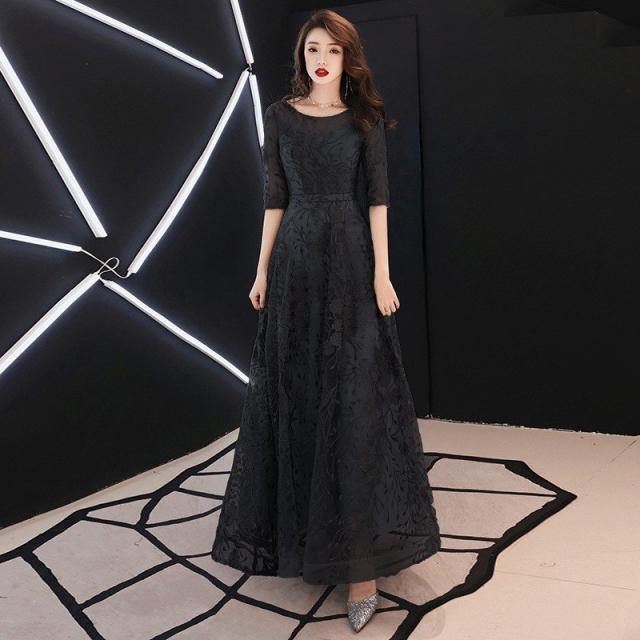 パーティードレス 結婚式 フォマール 演奏会 ロングドレス ネイビー 袖あり ブラック ロング丈 ワンピース レース 大人 上品 お呼ばれ パーティードレス_1