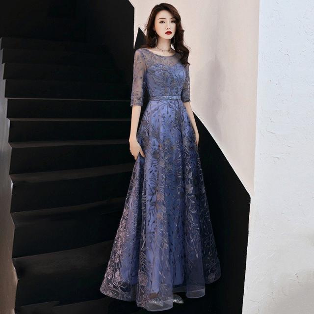 パーティードレス 結婚式 フォマール 演奏会 ロングドレス ネイビー 袖あり ブラック ロング丈 ワンピース レース 大人 上品 お呼ばれ パーティードレス_2