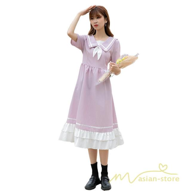 春夏 ワンピース 半袖 セーラーカラー ハーフスリーブ ロング丈