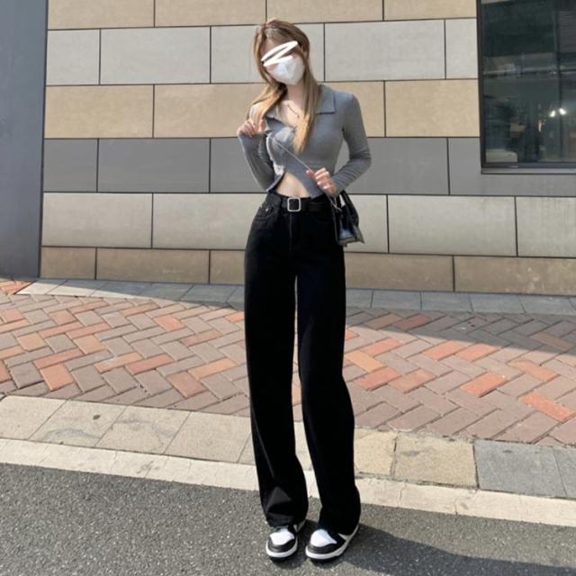 デニム ストレートパンツ ハイウエスト ブラック ジーンズ 4 GYDA ジーンズ デニム デニムパンツ ハイウエストバッククロス