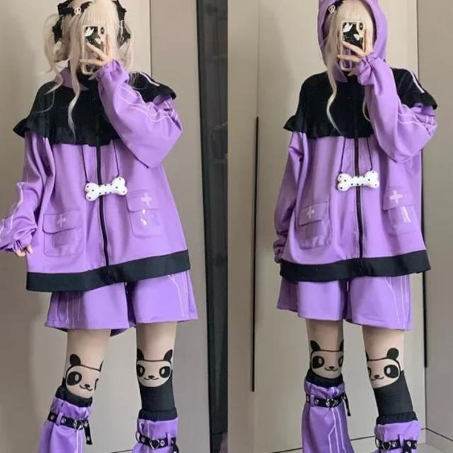 パーカー フリルジャケット 天使 地雷系 水色 サブカル 3点セット レディース メンズ ジャージ 猫耳 ハーフパンツ サブカル地雷 長袖 上下セット 服 レッグウォーマー 天使界隈 ブルゾン 水色界隈 原宿系 地雷系量産型 ファッション パーカー フリルジャケット 天使 地雷系 水色 サブカル 3点セット