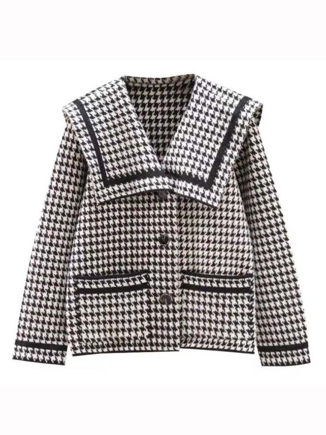 アウター ジャケット レディース ホワイト ブラック 秋 冬 長袖 柄 チェック ビッグカラー おしゃれ きれいめ 千鳥格子ジャケット ビッグカラージャケット ステンカラージャケット