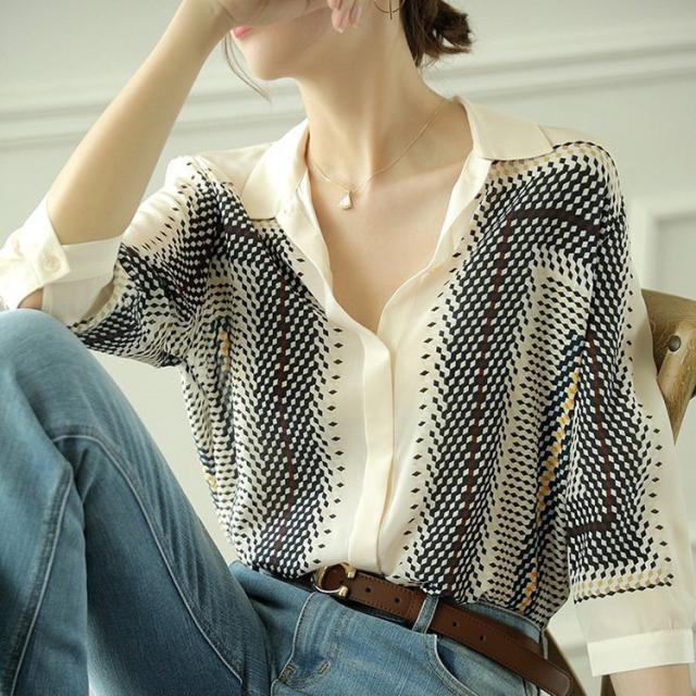 ブラウス レディース 40代 春夏新作 オシャレブラウス レションシャツ 七分袖トップス プリント 折り襟ブラウス 上品 大人 通勤OL ゆったりシャツ 30代 50代