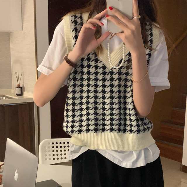 千鳥柄 ニットベスト レディース ノースリーブニット プル