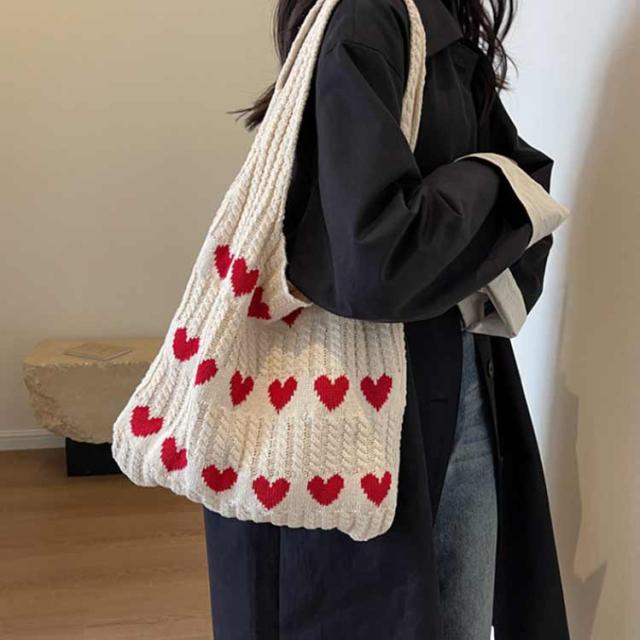 ニットバッグ ハート柄 肩掛け レディース 秋冬 トートバッグ ニット 