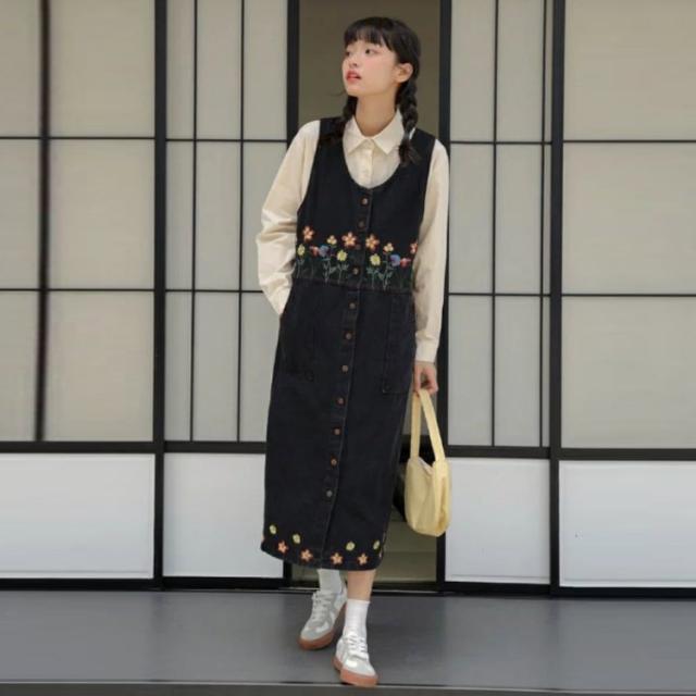 デニム ジャンパースカート ロングワンピース 刺 サロペット スカート 丸首 花柄 オーバーオール 小花柄 レディース オールインワン Aライン ロング丈 膝下 ゆったり 大きいサイズ おしゃれ 可愛い 春 夏 秋 通学 通勤 S-5XLの通販は - ゆずちゃんshop