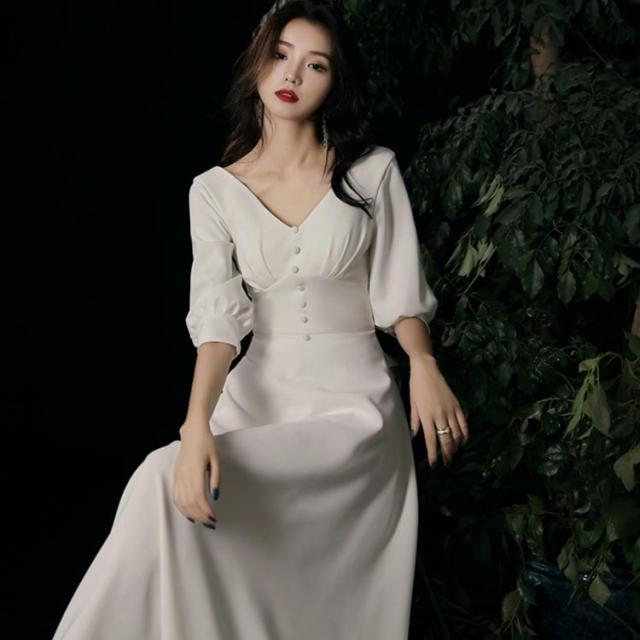 結婚式ドレス Vネック ミモレ丈 パーティードレス 長袖 フロントボタン