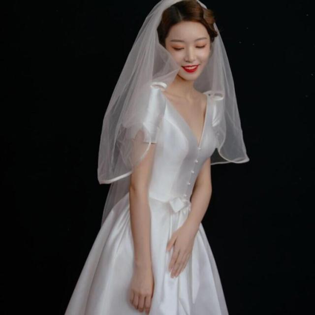 袖あり ドレス 半袖 ドレス フロントボタン ウェディングドレス V