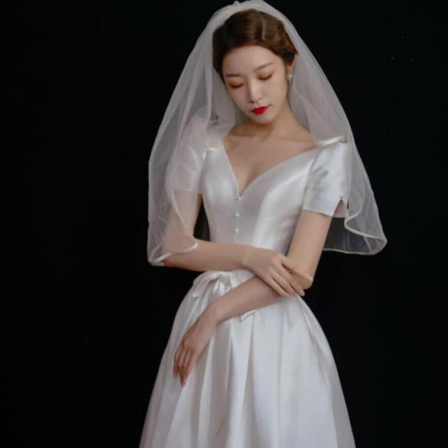 袖あり ドレス 半袖 ドレス フロントボタン ウェディングドレス V