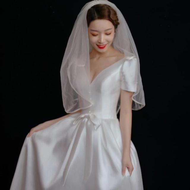 袖あり ドレス 半袖 ドレス フロントボタン ウェディングドレス V