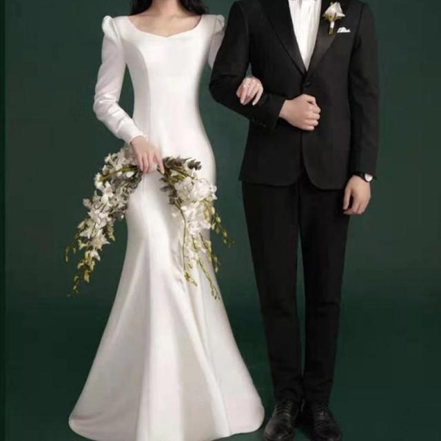 ウェディングドレス マーメイドライン タイトドレス ロング丈 ウェディング ウエディング パーティードレス フィッシュテール 長袖 結婚式 ワンピース 海外 挙式 ホワイト 白 ドレス タイトドレス マーメイドライン ロング丈 ウェディング ウエディング