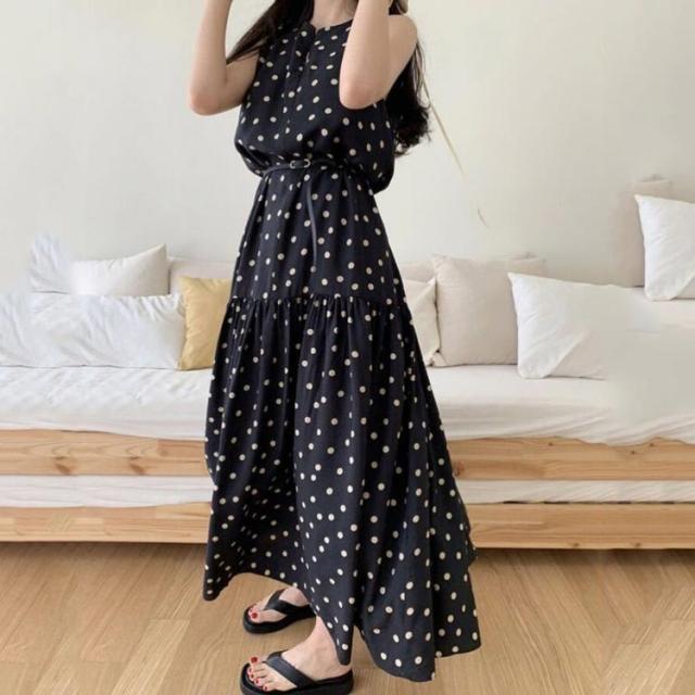 ドット 大きいサイズ ロング丈 ノースリーブ 水玉柄 ワンピース ロング