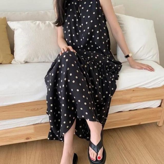 ドット 大きいサイズ ロング丈 ノースリーブ 水玉柄 ワンピース ロング