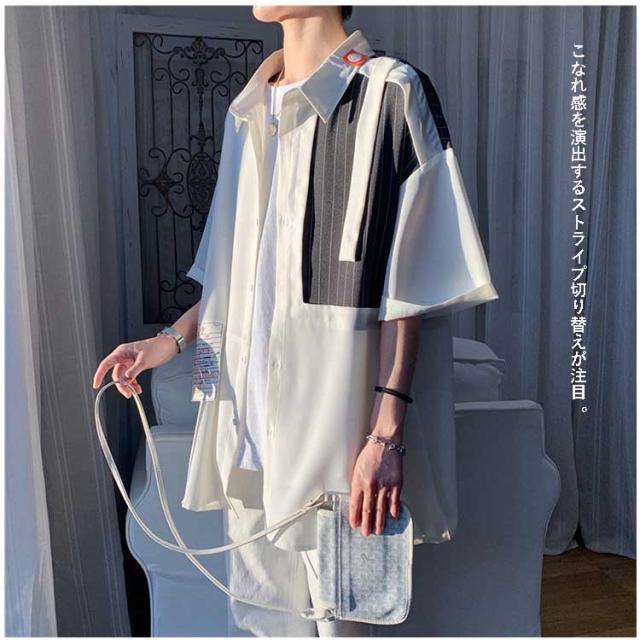 配色スリーブ ストライプシャツ モード系 韓国 お洒落 ストライプスリーブTシャツ 1013-240806008 | rripcord（リップ