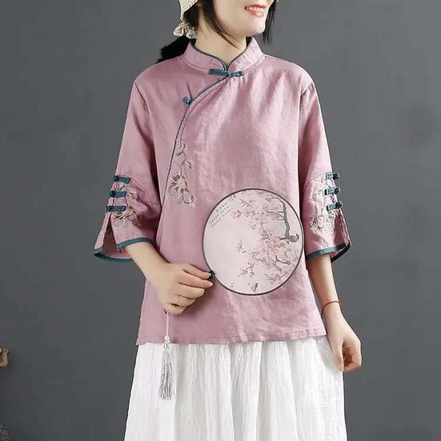 レディース ブラウス tシャツ トップス プルオーバー チャイナボタン 花柄刺繍 カットソー チュニック リネン 五分袖 夏服 チャイナ 綿麻 カジュアル ゆったり チャイナボタン チャイナシャツ 七分袖 プルオーバー リネン